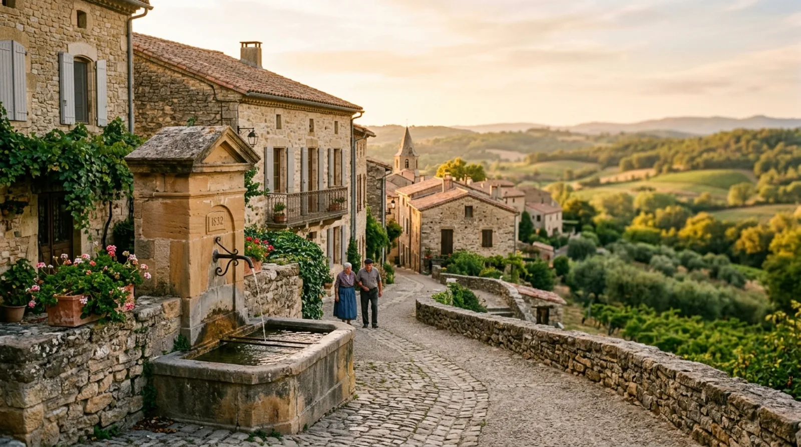 Panorama du patrimoine rural et des fontaines historiques de Fontanès en région Occitanie